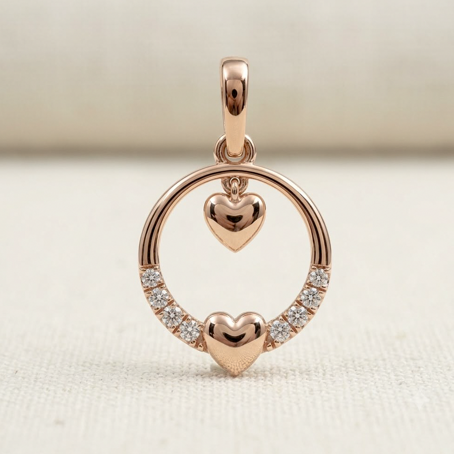 Floating Dual Heart Open Circle Diamond Pendant in 14K Rose Gold