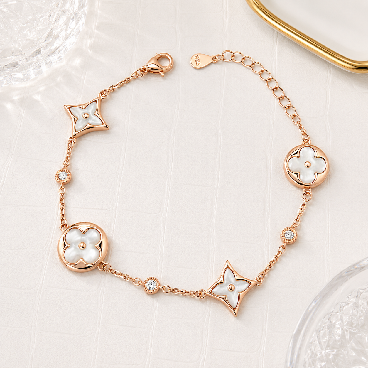 mother_of_pearl_designer_color_blossom_bb_multi_motif_clover_star_lv_cz_diamond_station_chain_bracelet_rose_gold_plated_925_sterling_silver_women_IGNITE_GEMS_BR_66_e