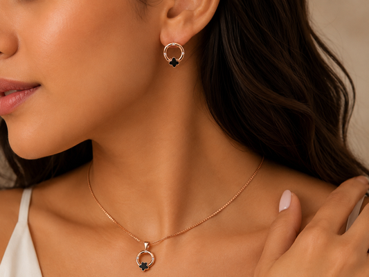 open_circle_geometric_black_enamel_onyx_clover_alhambra_cz_diamond_chain_matching_pendant_necklace_earrings_jewelry_set_rose_gold_plated_925_sterling_silver_PS_9_IGNITE_GEMS_India_d