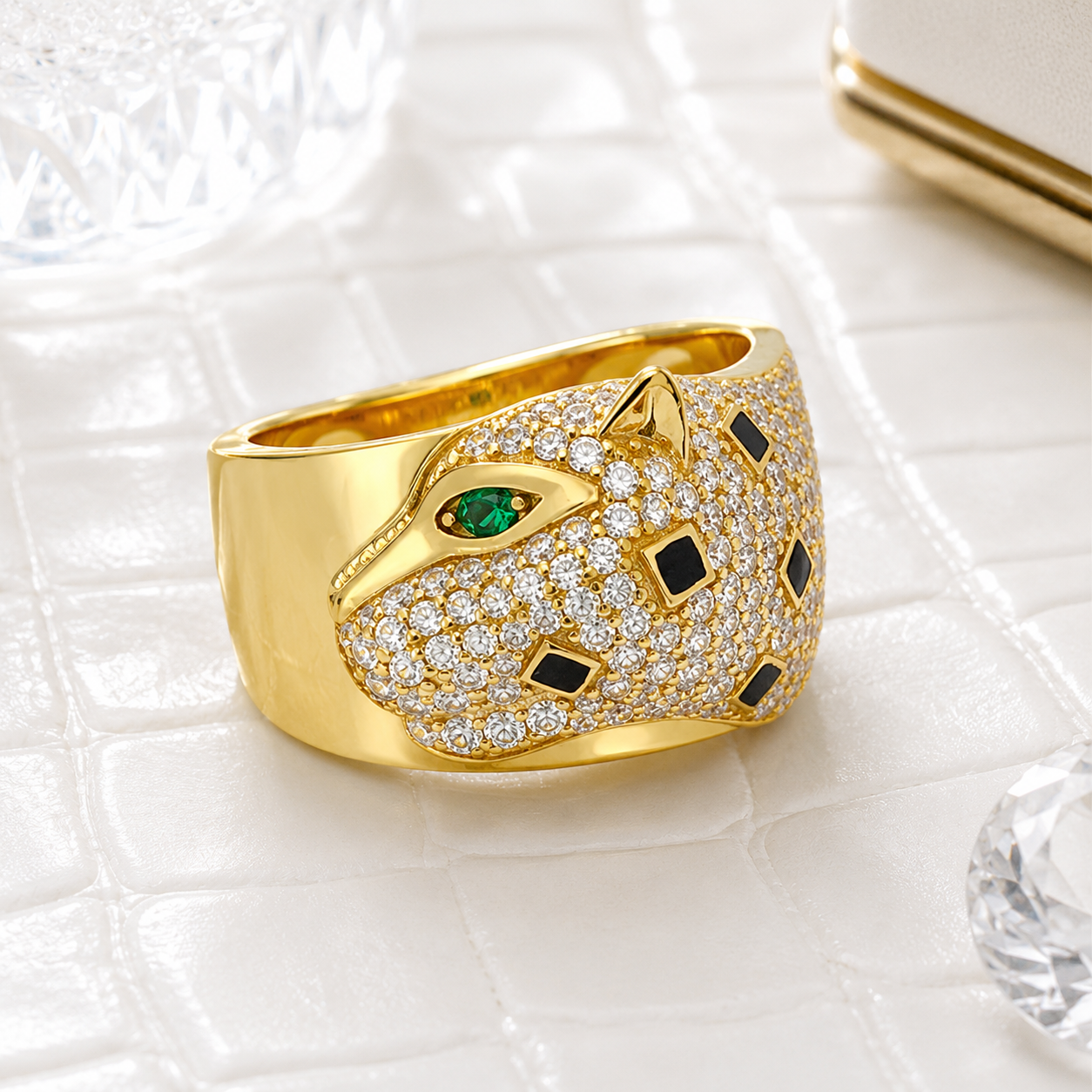 panther_side_face_green_cz_eyes_black_and_white_animal_designer_ring_gold_plated_925_sterling_silver_jewelry_IGNITE_GEMS_D_RG_5_e1