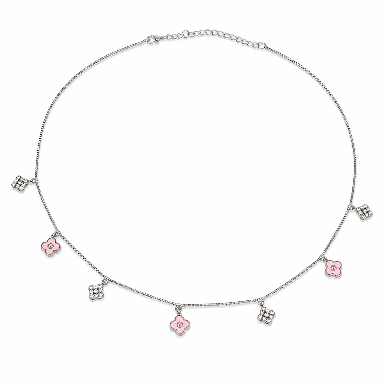 baby_pink_enameled_cz_diamond_clover_alhambra_charm_boxed_chain_necklace_925_sterling_silver_IGNITE_GEMS_NS_5