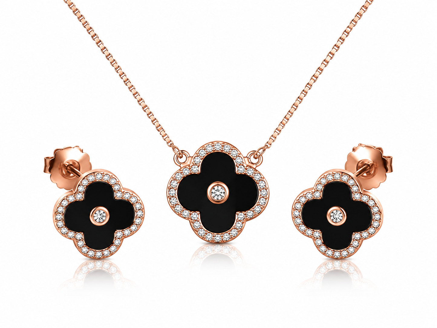 black_enamel_onyx_clover_alhambra_quatrefoil_halo_cz_diamond_chain_matching_pendant_necklace_earrings_jewelry_set_rose_gold_plated_925_sterling_silver_PS_6_IGNITE_GEMS_India