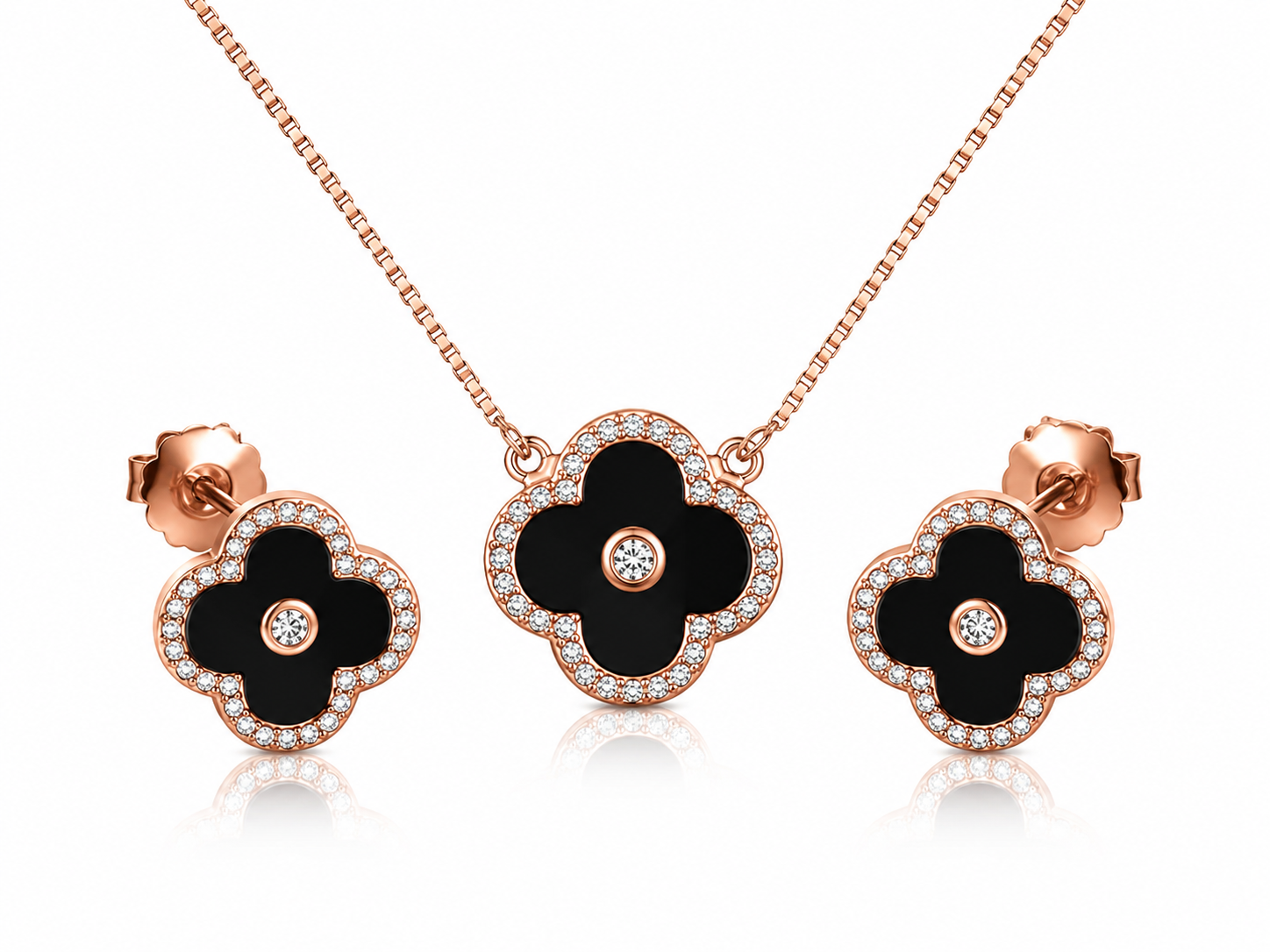 black_enamel_onyx_clover_alhambra_quatrefoil_halo_cz_diamond_chain_matching_pendant_necklace_earrings_jewelry_set_rose_gold_plated_925_sterling_silver_PS_6_IGNITE_GEMS_India
