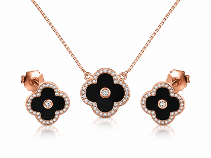 black_enamel_onyx_clover_alhambra_quatrefoil_halo_cz_diamond_chain_matching_pendant_necklace_earrings_jewelry_set_rose_gold_plated_925_sterling_silver_PS_6_IGNITE_GEMS_India