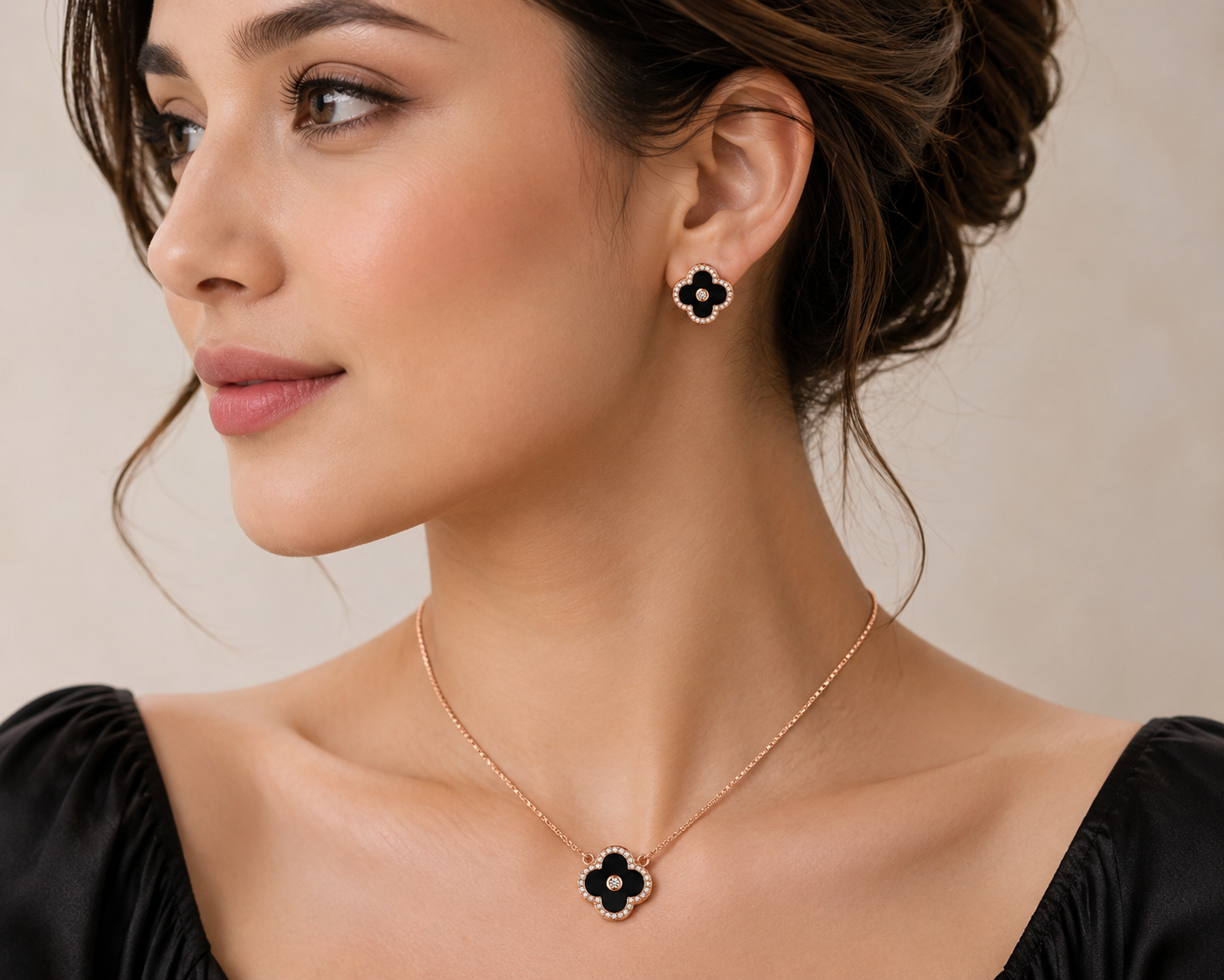 black_enamel_onyx_clover_alhambra_quatrefoil_halo_cz_diamond_chain_matching_pendant_necklace_earrings_jewelry_set_rose_gold_plated_925_sterling_silver_PS_6_IGNITE_GEMS_India_d