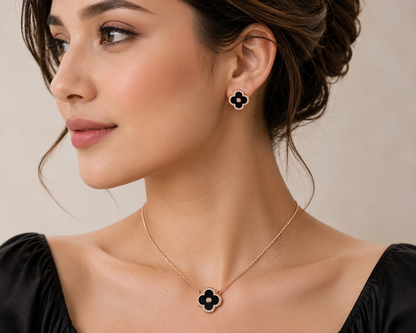 black_enamel_onyx_clover_alhambra_quatrefoil_halo_cz_diamond_chain_matching_pendant_necklace_earrings_jewelry_set_rose_gold_plated_925_sterling_silver_PS_6_IGNITE_GEMS_India_d
