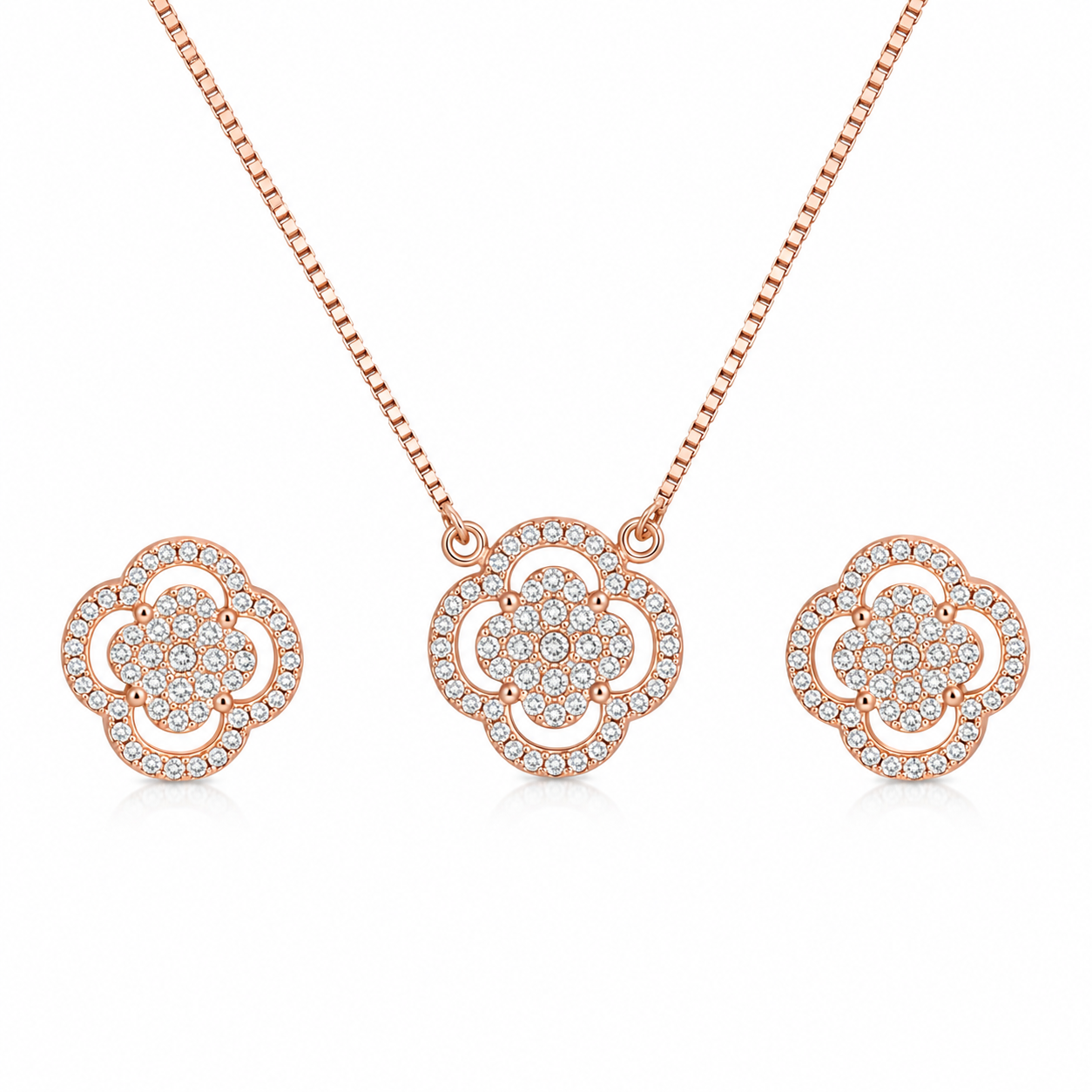 clover_alhambra_halo_quatrefoil_cz_diamond_chain_matching_pendant_necklace_earrings_jewelry_set_rose_gold_plated_925_sterling_silver_PS_15_IGNITE_GEMS_India