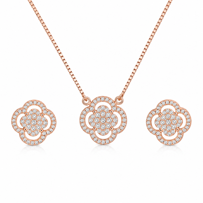 clover_alhambra_halo_quatrefoil_cz_diamond_chain_matching_pendant_necklace_earrings_jewelry_set_rose_gold_plated_925_sterling_silver_PS_15_IGNITE_GEMS_India