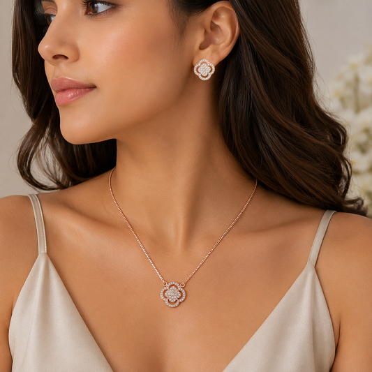 clover_alhambra_halo_quatrefoil_cz_diamond_chain_matching_pendant_necklace_earrings_jewelry_set_rose_gold_plated_925_sterling_silver_PS_15_IGNITE_GEMS_India_d