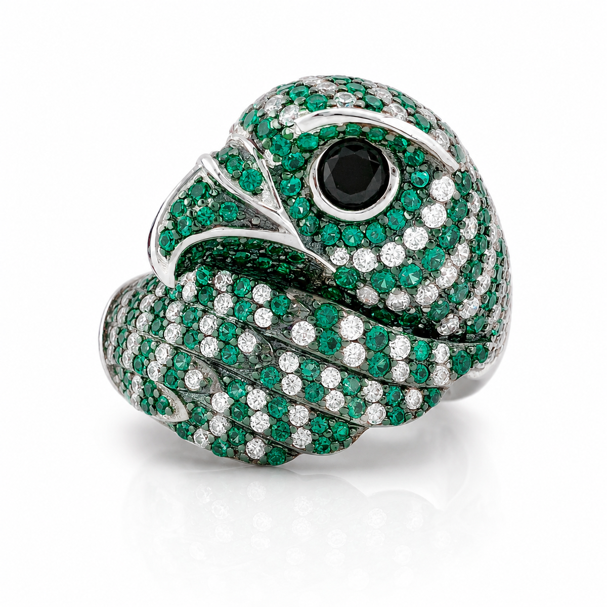 green_eagle_parrot_face_wrapped_wing_black_eye_bird_cz_diamond_ring_jewelry_925_sterling_silver_IGNITE_GEMS_DRG4