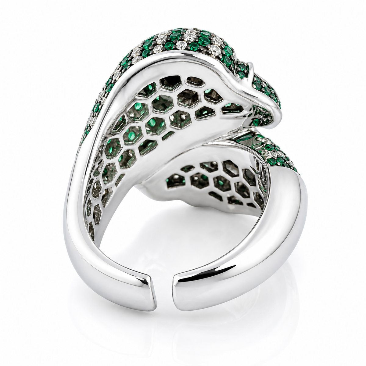 green_eagle_parrot_face_wrapped_wing_black_eye_bird_cz_diamond_ring_jewelry_925_sterling_silver_IGNITE_GEMS_DRG4_b