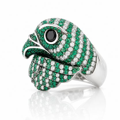 green_eagle_parrot_face_wrapped_wing_black_eye_bird_cz_diamond_ring_jewelry_925_sterling_silver_IGNITE_GEMS_DRG4_c