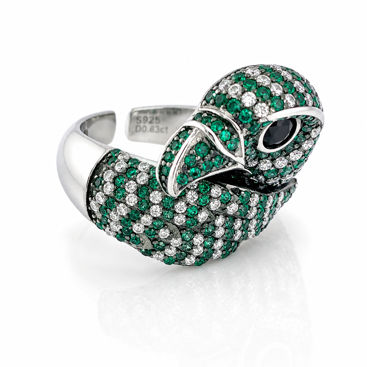 green_eagle_parrot_face_wrapped_wing_black_eye_bird_cz_diamond_ring_jewelry_925_sterling_silver_IGNITE_GEMS_DRG4_c2