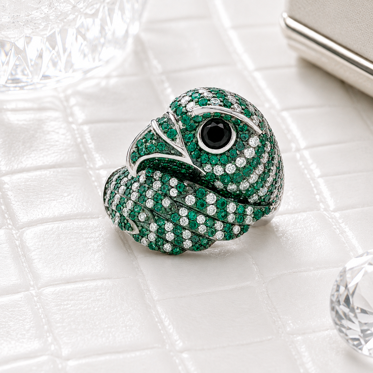 green_eagle_parrot_face_wrapped_wing_black_eye_bird_cz_diamond_ring_jewelry_925_sterling_silver_IGNITE_GEMS_DRG4_e
