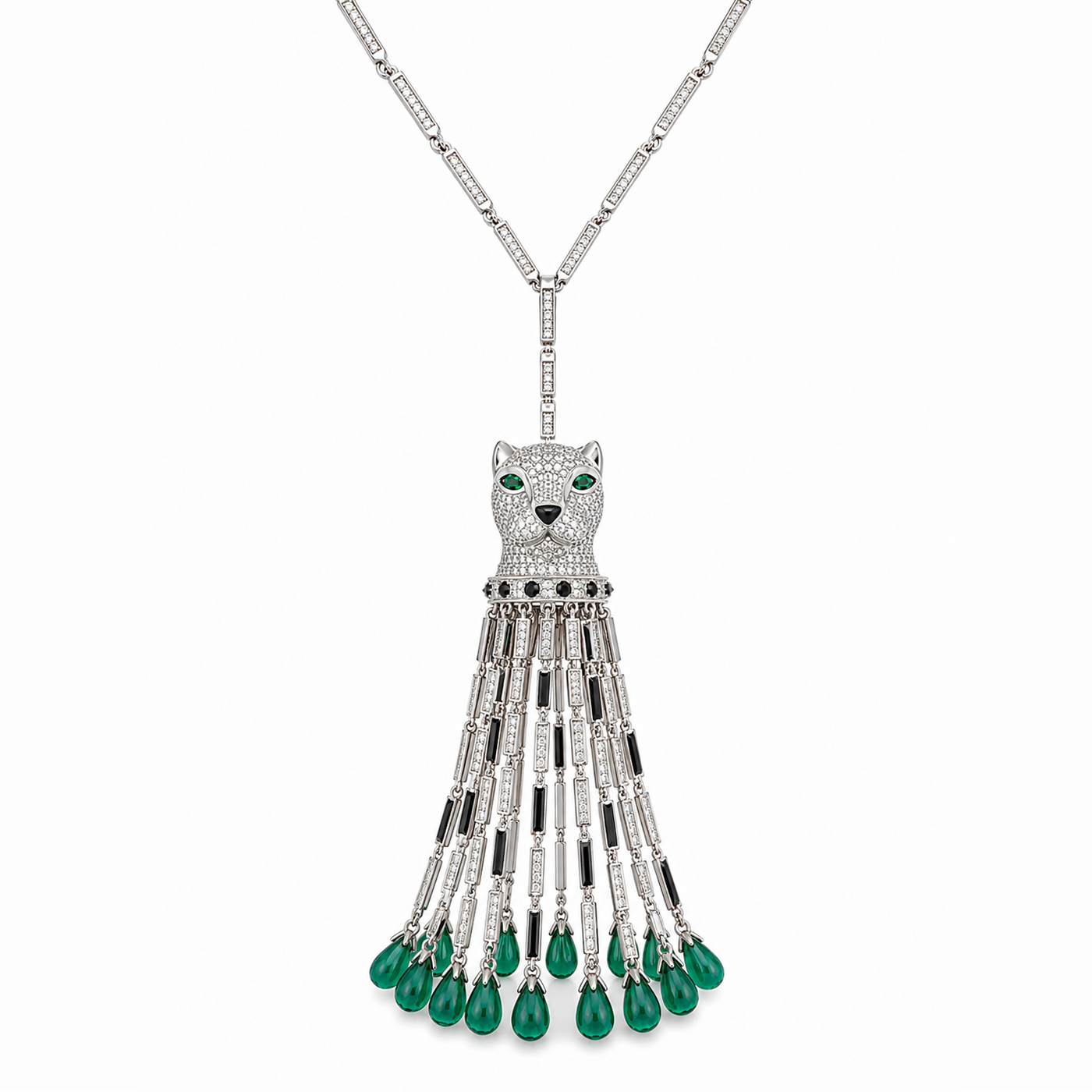 One-of-Kind Panther Multi Green Drop Long Wear CZ Necklace in Silver