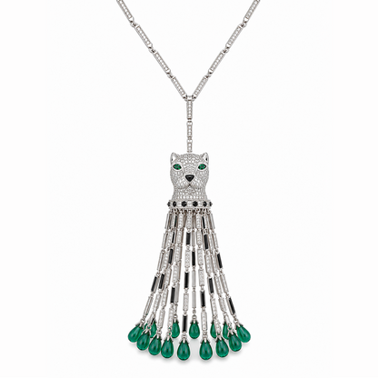 One-of-Kind Panther Multi Green Drop Long Wear CZ Necklace in Silver