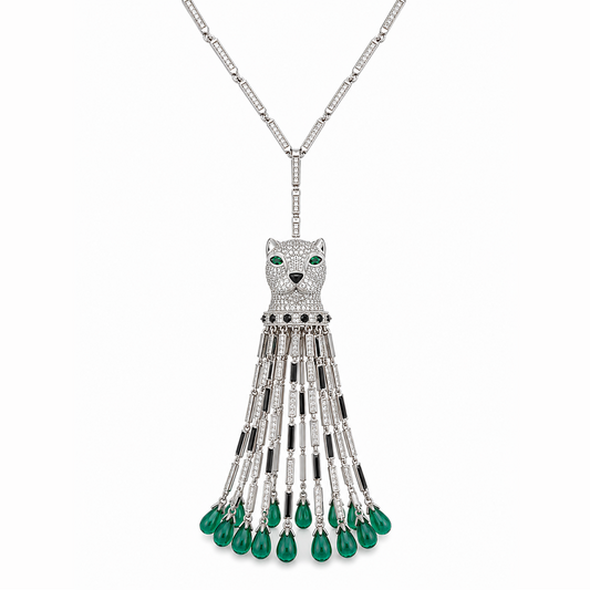 One-of-Kind Panther Multi Green Drop Long Wear CZ Necklace in Silver