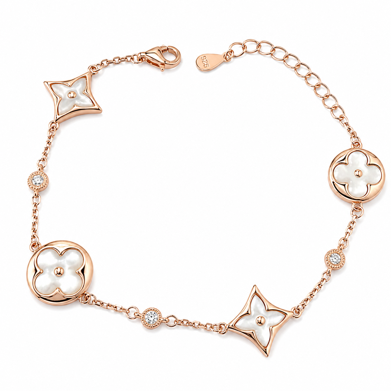 mother_of_pearl_designer_color_blossom_bb_multi_motif_clover_star_lv_cz_diamond_station_chain_bracelet_rose_gold_plated_925_sterling_silver_women_IGNITE_GEMS_BR_66