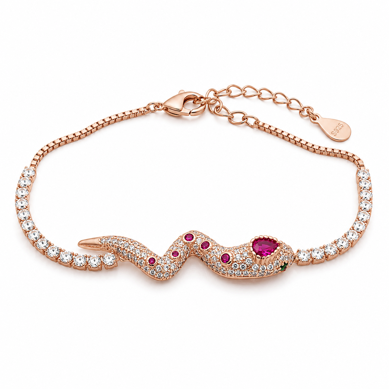 nature_inspired_snake_animal_red_cz_diamond_tennis_chain_bracelet_jewelry_rose_gold_plated_tone_925_sterling_silver_U_BR_79_IGNITE_GEMS_India