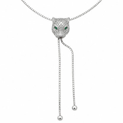 Designer Panther Animal CZ Adjustable Chain Necklace in Silver
