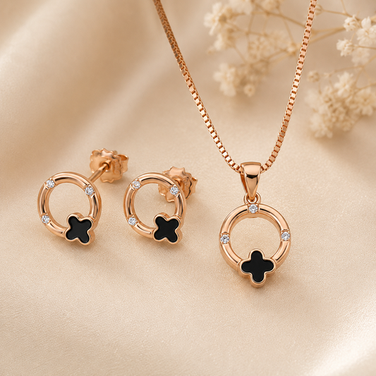 open_circle_geometric_black_enamel_onyx_clover_alhambra_cz_diamond_chain_matching_pendant_necklace_earrings_jewelry_set_rose_gold_plated_925_sterling_silver_PS_9_IGNITE_GEMS_India_c