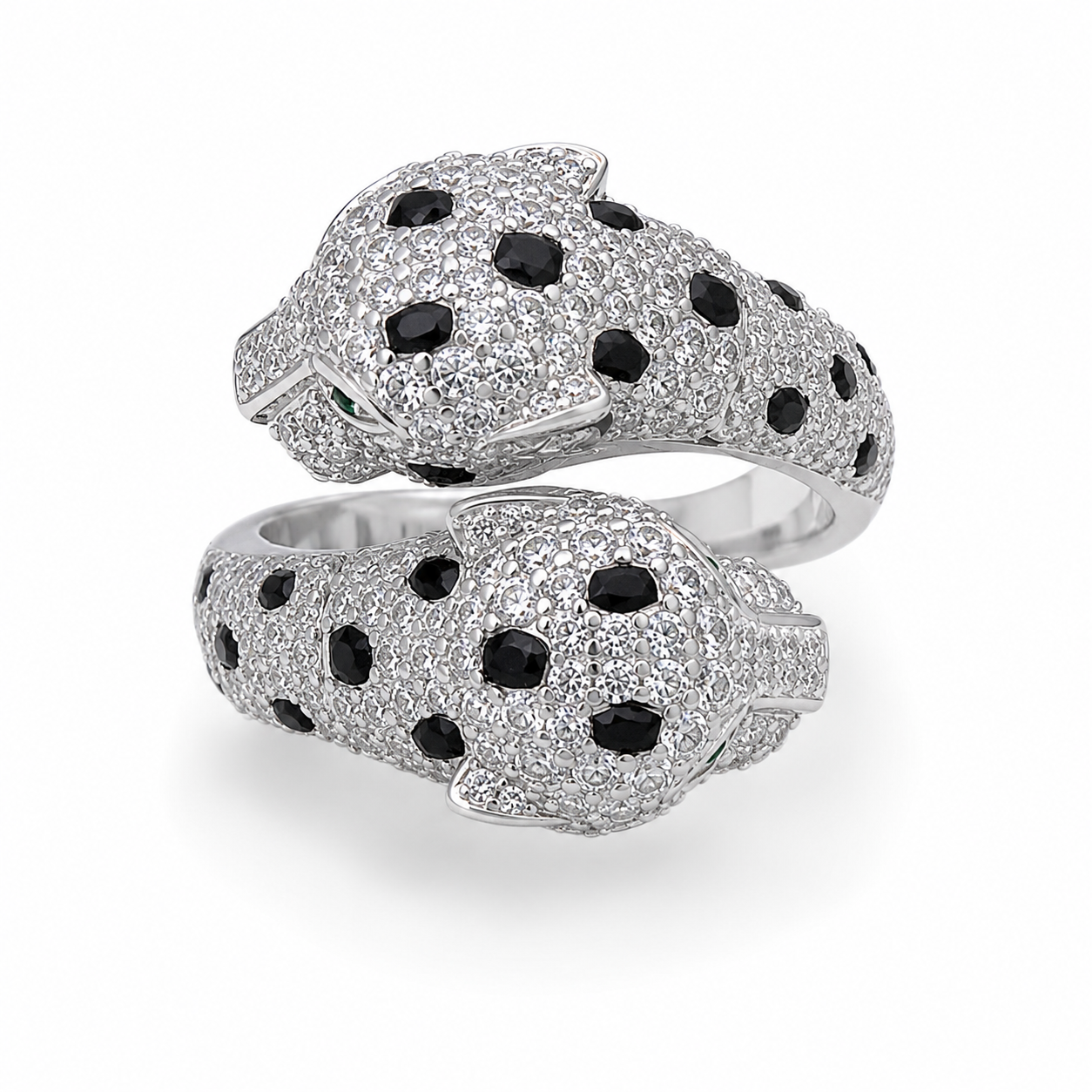 Black and White Panther Double Head Bypass CZ Ring in Silver