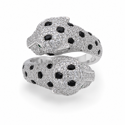 Black and White Panther Double Head Bypass CZ Ring in Silver