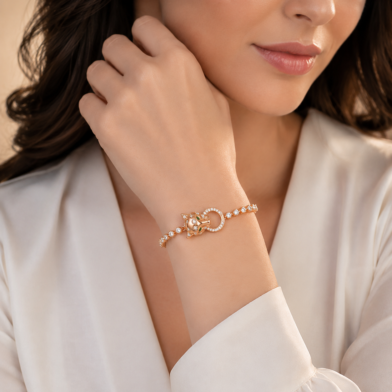 panther_green_cz_eyes_bezel_diamond_open_circle_in_mouth_tennis_bracelet_women_jewelry_rose_gold_plated_925_sterling_silver_IGNITE_GEMS_BR_52_model_d