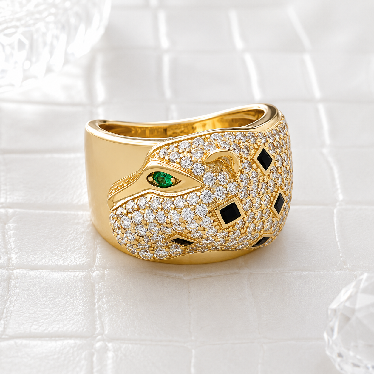 panther_side_face_green_cz_eyes_black_and_white_animal_designer_ring_gold_plated_925_sterling_silver_jewelry_IGNITE_GEMS_D_RG_5_e