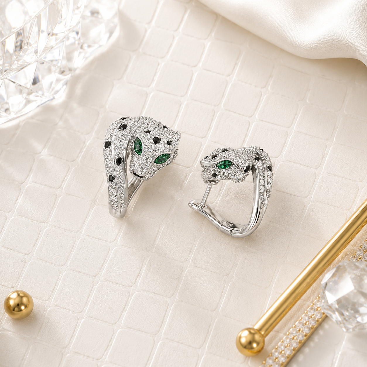 wrapped_anaconda_panther_black_and_white_cz_green_diamond_eyes_hoop_earrings_jewelry_925_sterling_silver_IGNITE_GEMS_D_ER_6_e